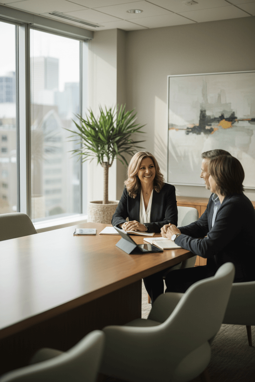Firefly_Gemini Flash_Financial advisor meeting with clients in a quiet, modern office, neutral palette wit 985004 (1)